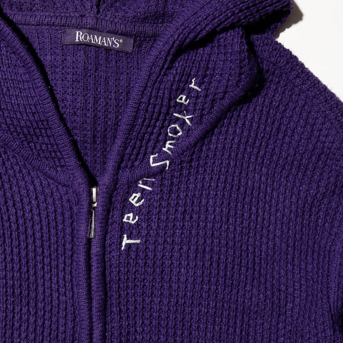 *one-off hand stitched knit hoodie, "teen smoker"