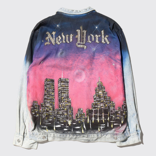 vintage nyc twin towers painted shiny trucker jacket