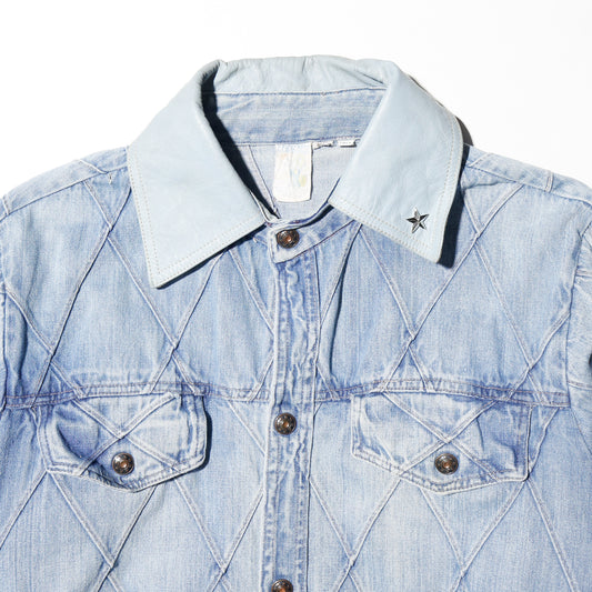 vintage leather collar dia quilting trucker jacket , *resized