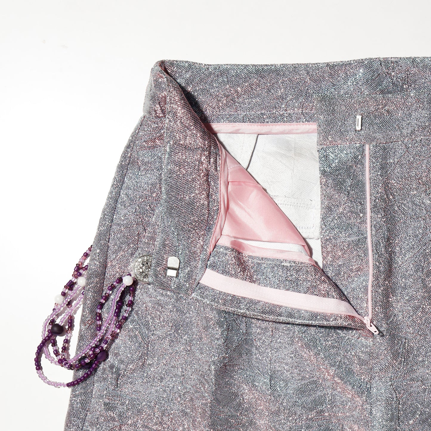 vintage holographic costume trousers, with beaded chain