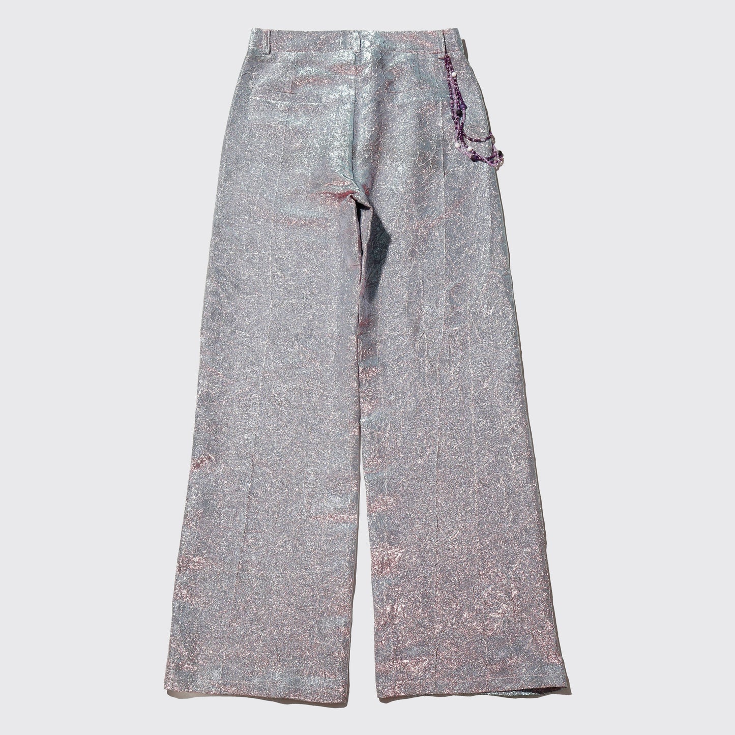 vintage holographic costume trousers, with beaded chain