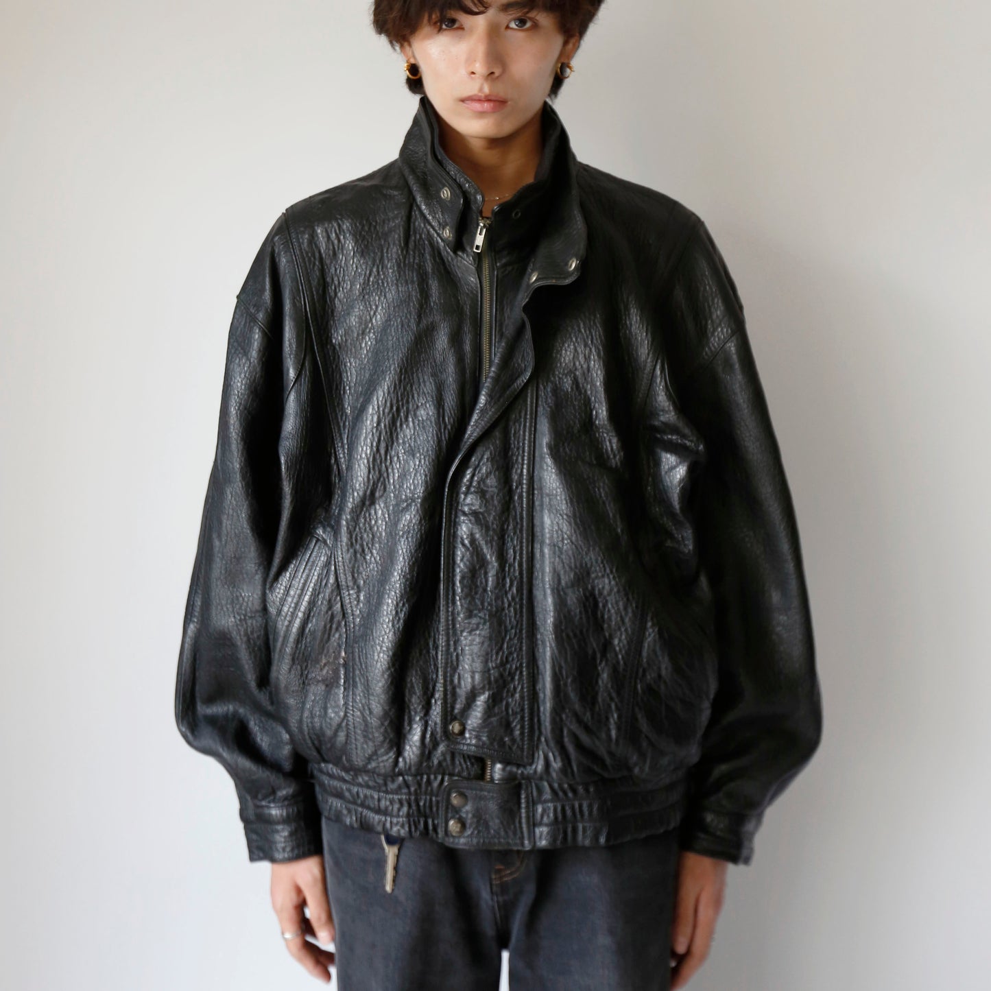 vintage flap stand collar leather jacket