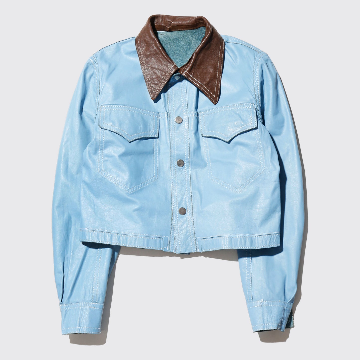 vintage 70's cropped turquoise leather trucker jacket , *reversible
