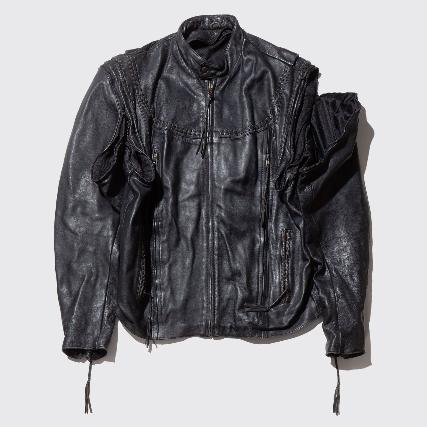 vintage braids motorcycle leather jacket, detachable sleeve