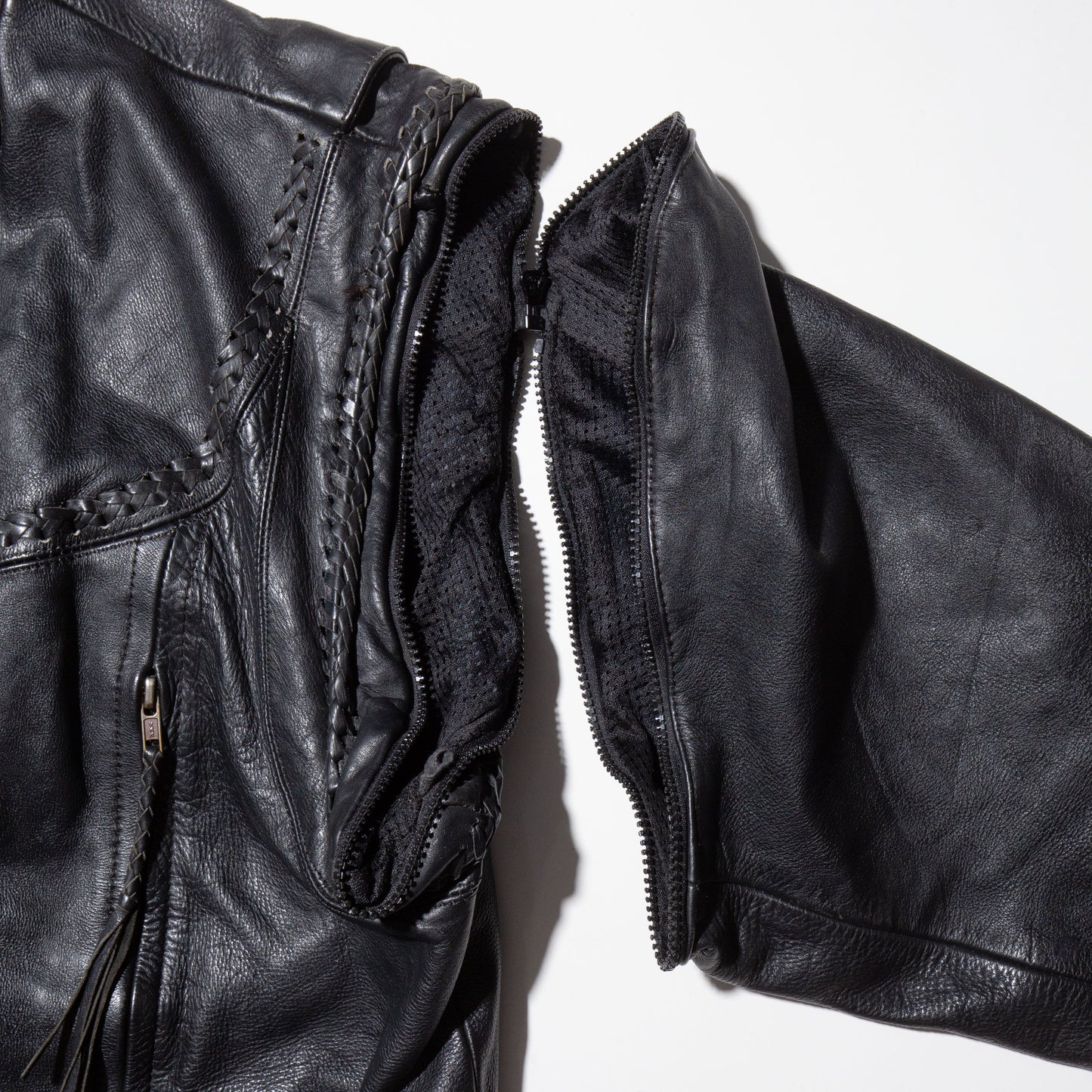 vintage braids motorcycle leather jacket, detachable sleeve