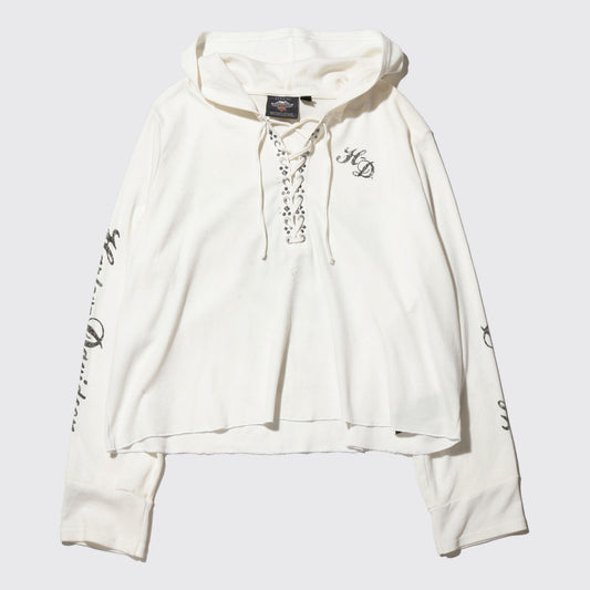 vintage 00's harley-davidson willie g skull lace up hoodie