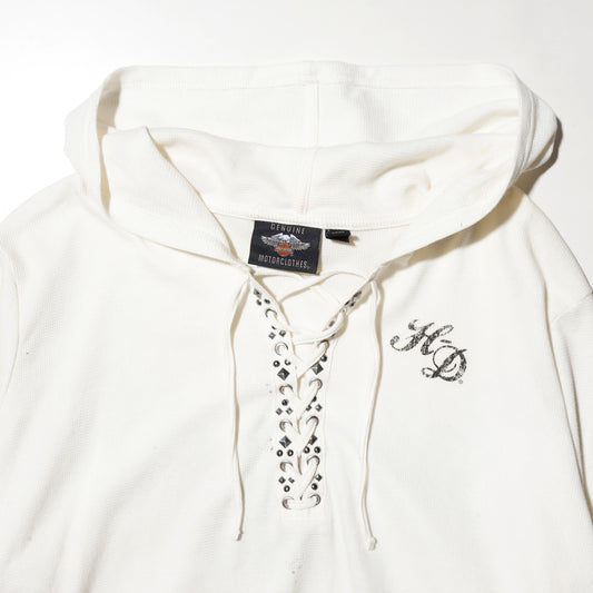 vintage 00's harley-davidson willie g skull lace up hoodie