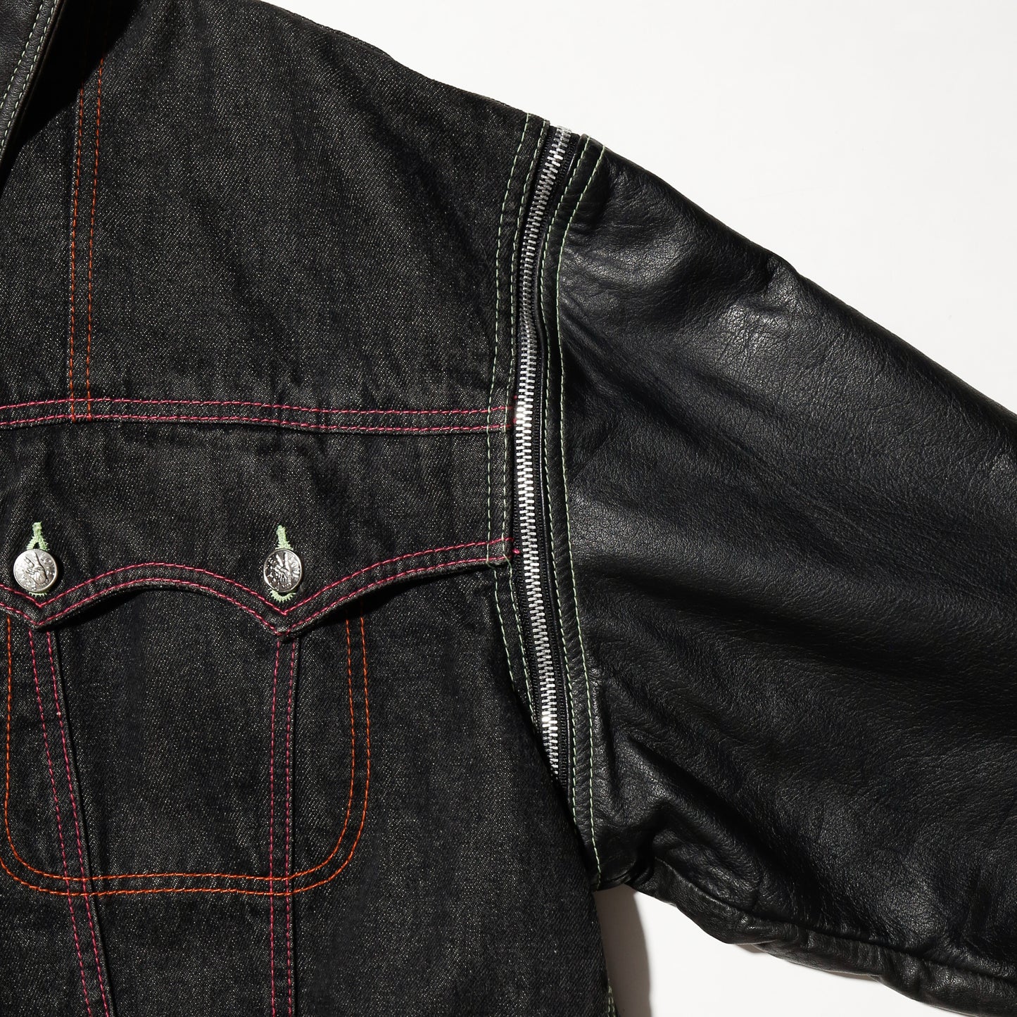 vintage euro leather hybrid trucker jacket, detachable collar/sleeve