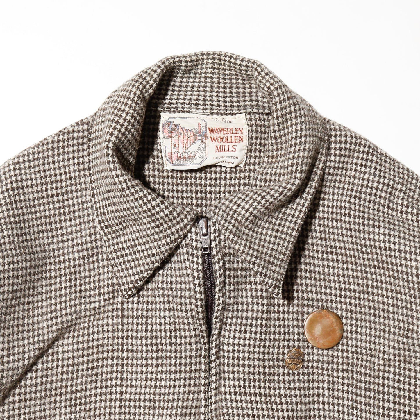 vintage herringbone wool jacket with copper badge