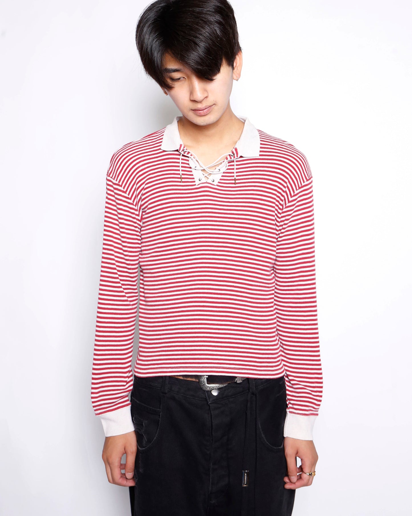 vintage cropped lace up border rib pullover