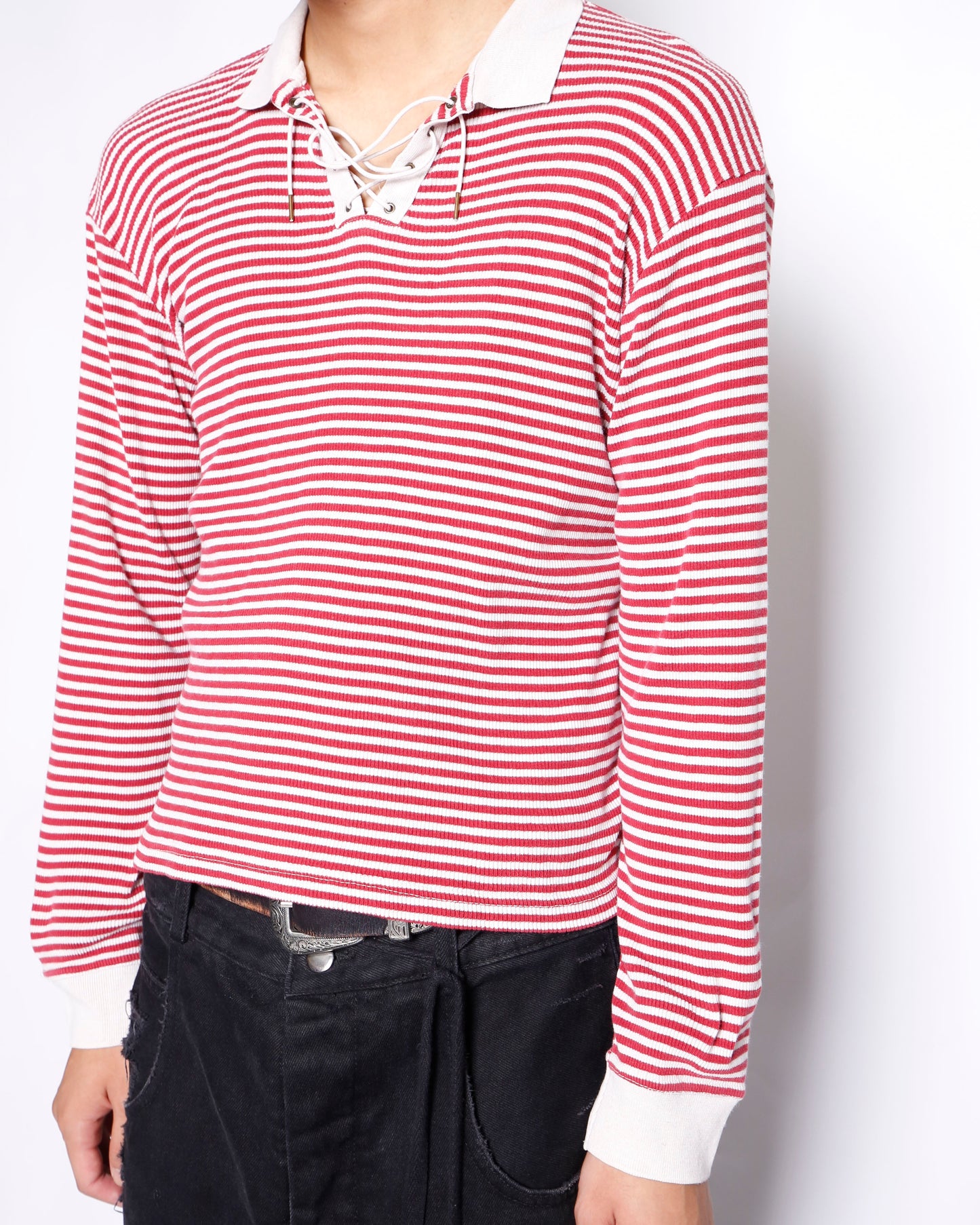 vintage cropped lace up border rib pullover
