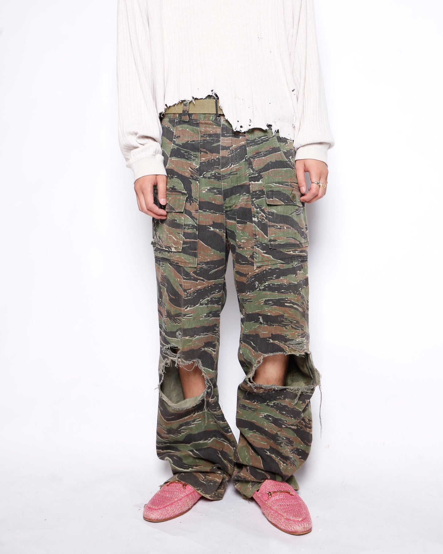 vintage belted tiger camo crush cargo trousers