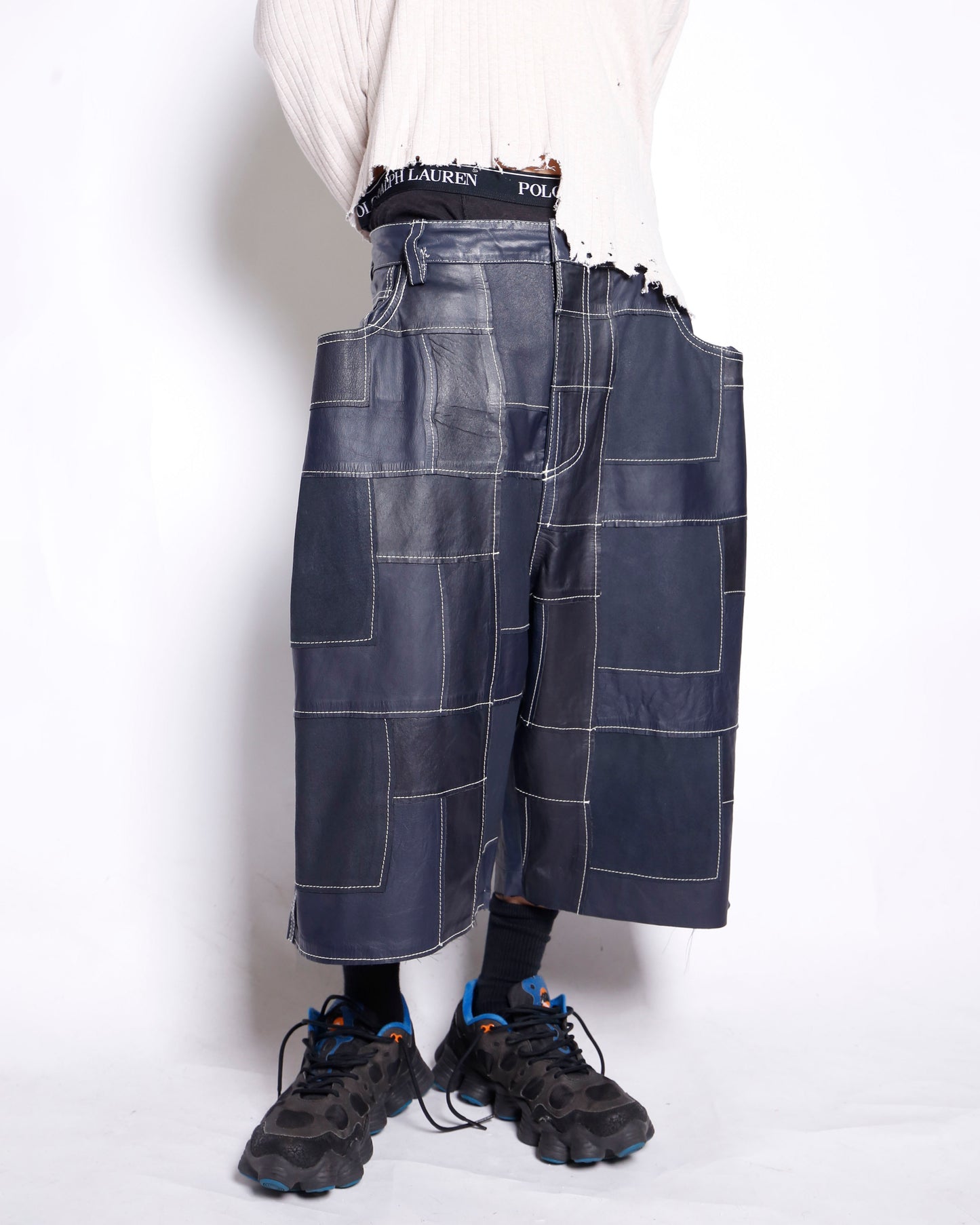 vintage craft patchwork leather bermuda shorts