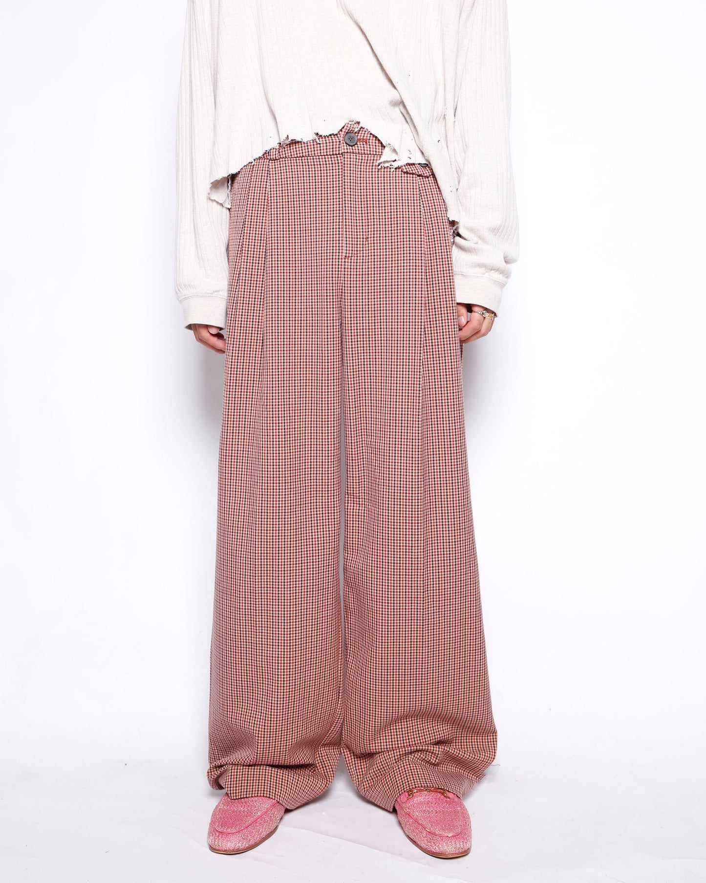 vintage tucked wide check slacks