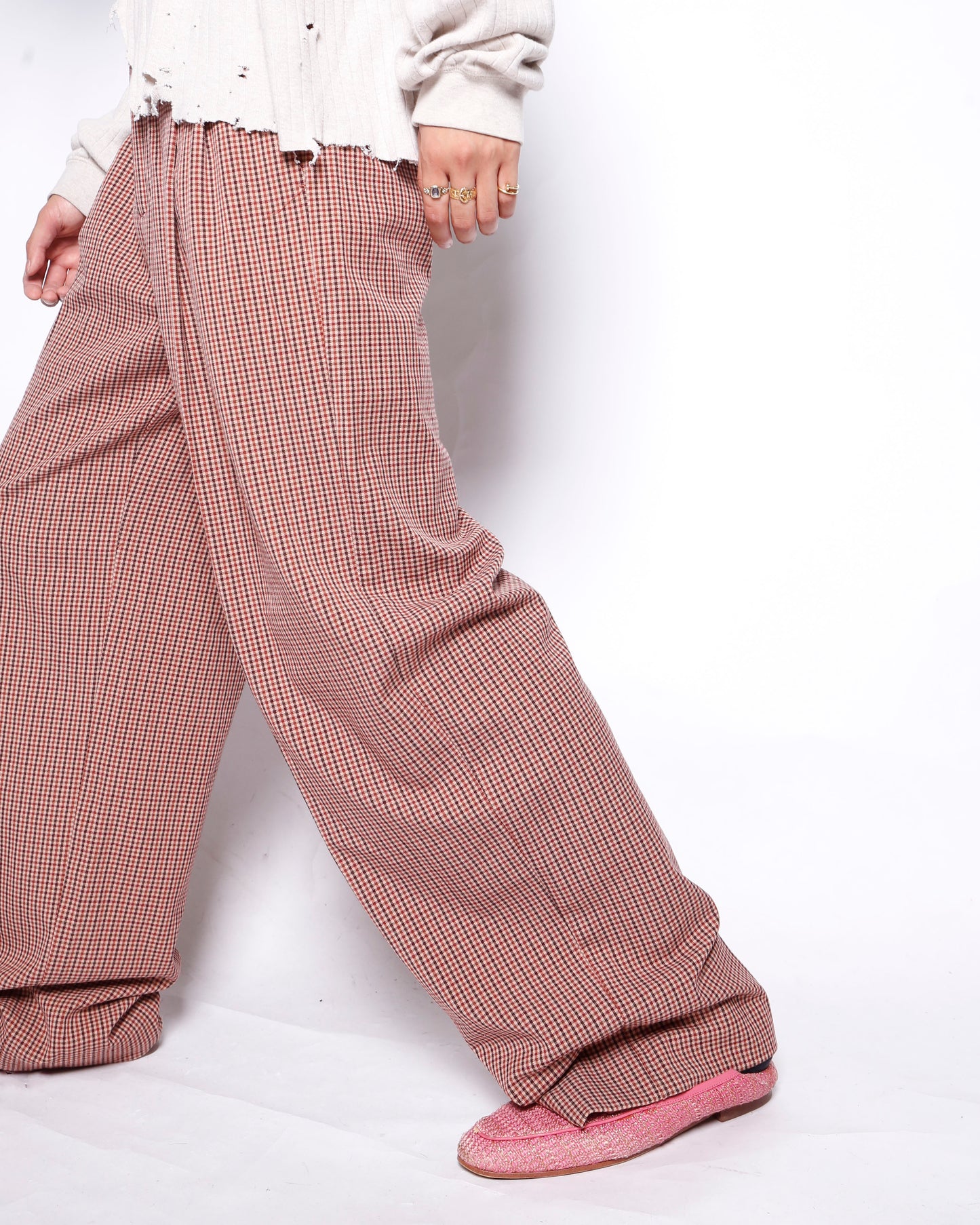 vintage tucked wide check slacks