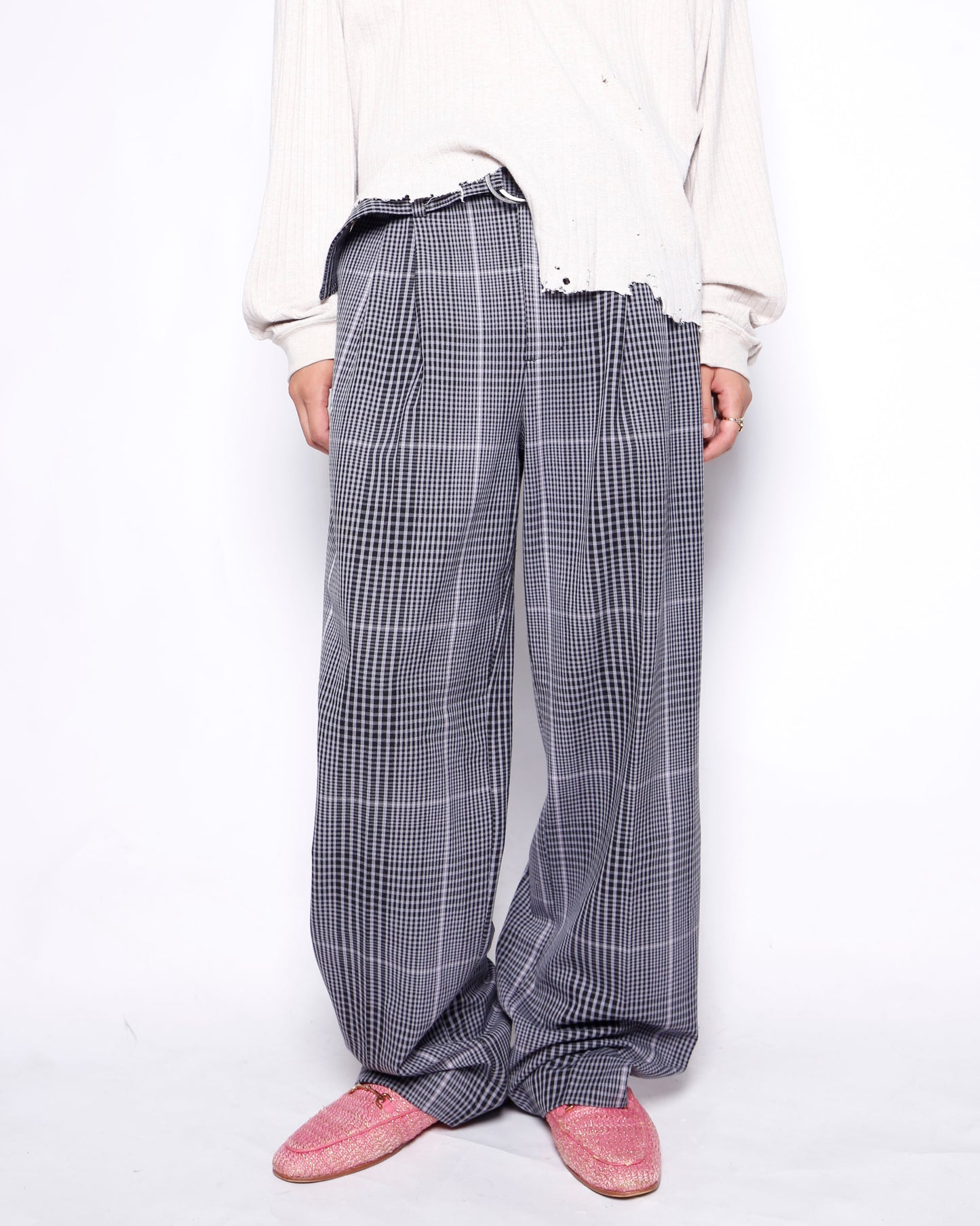 vintage belted glen check wide slacks