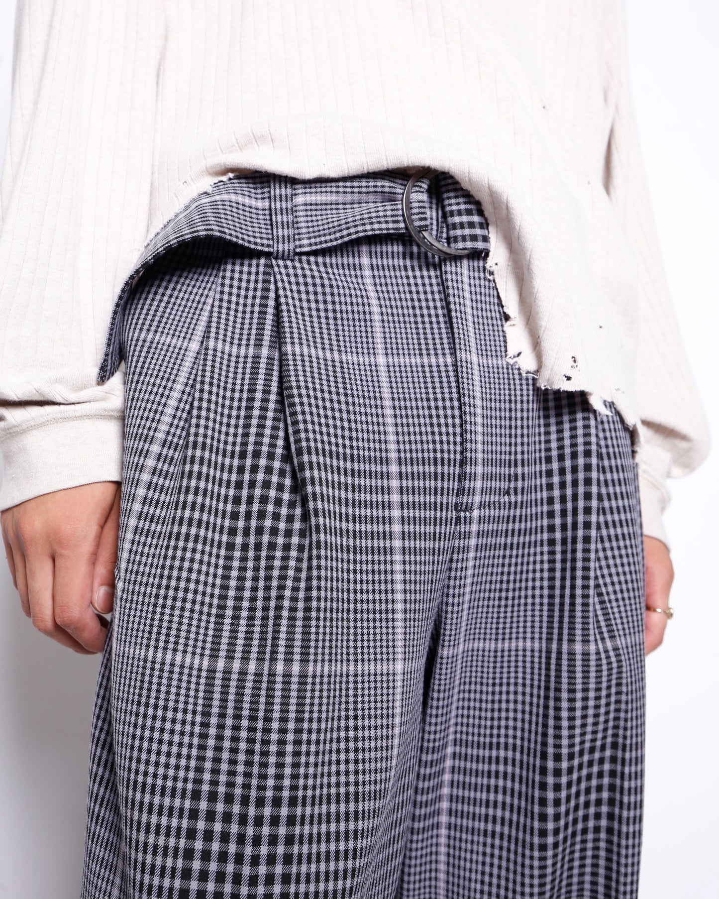vintage belted glen check wide slacks