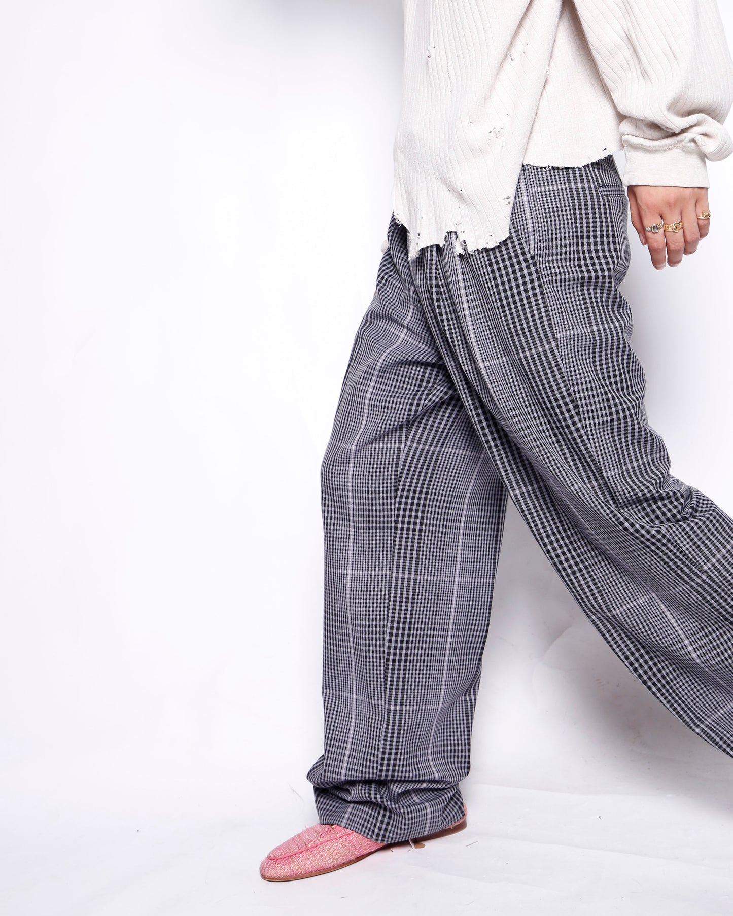 vintage belted glen check wide slacks