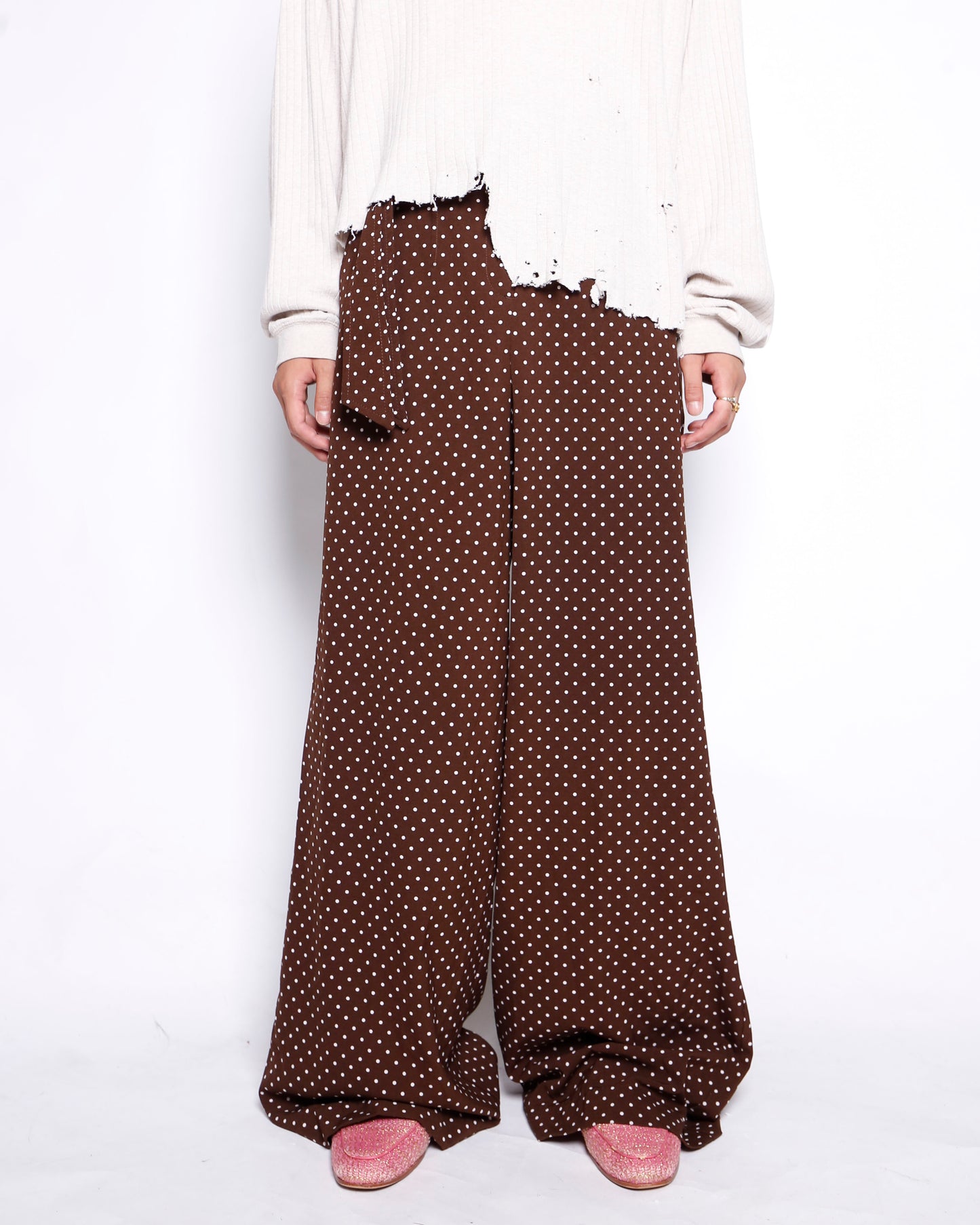 vintage belted dots wide trousers