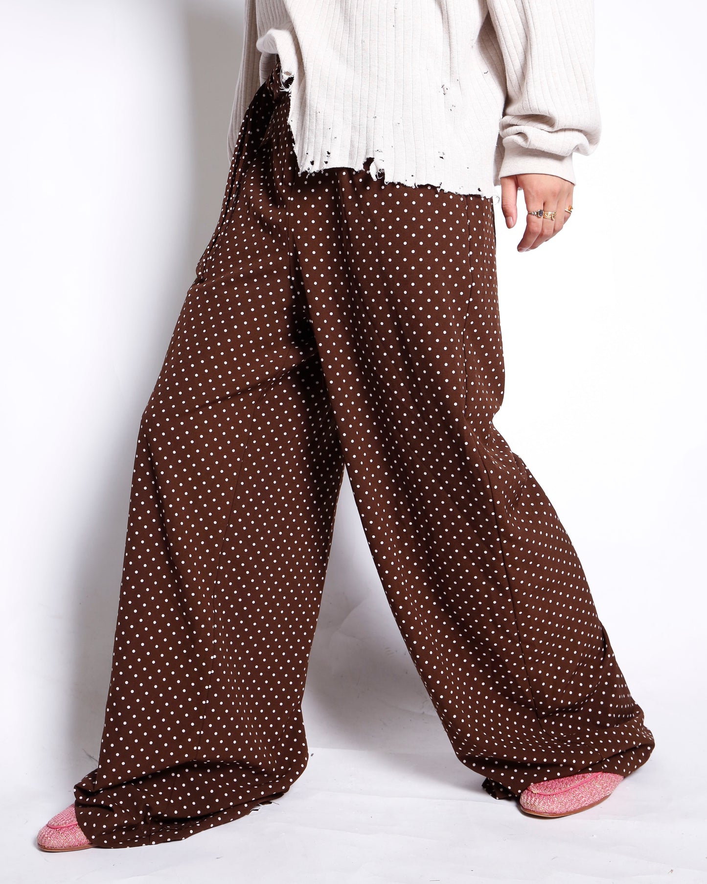 vintage belted dots wide trousers