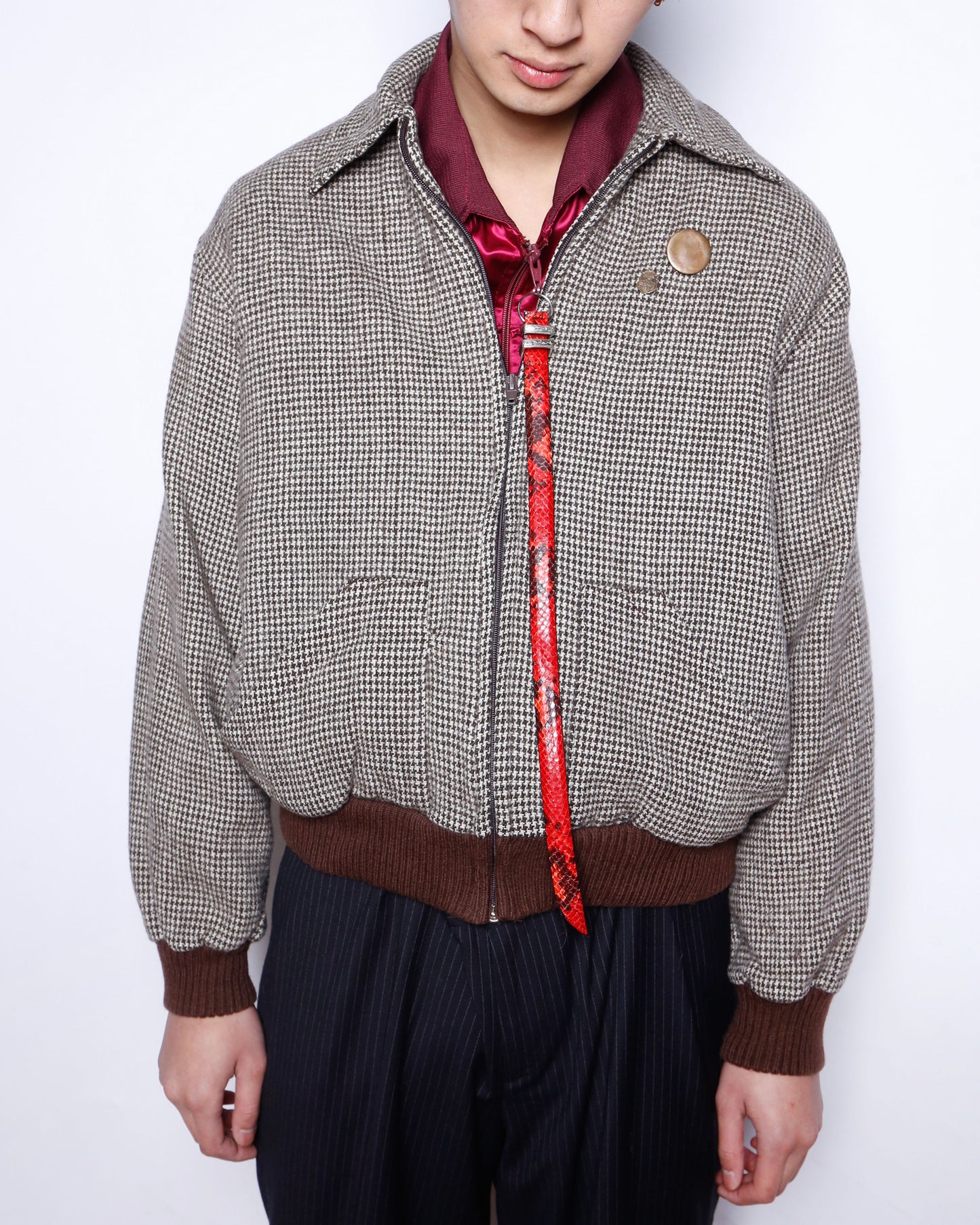 vintage herringbone wool jacket with copper badge
