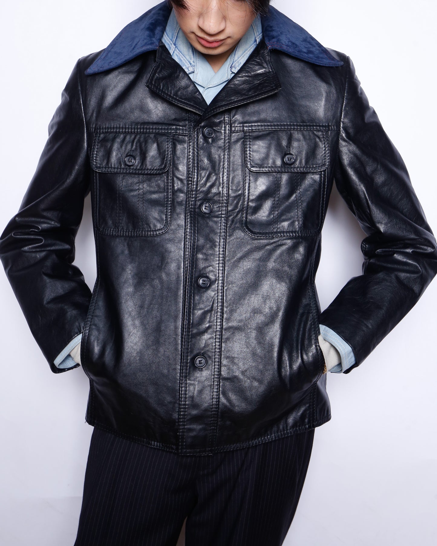 vintage suede collar leather trucker jacket