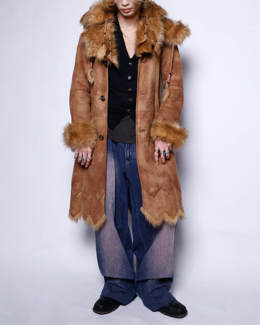 vintage folklore faux fur mouton coat , detachable hoodie