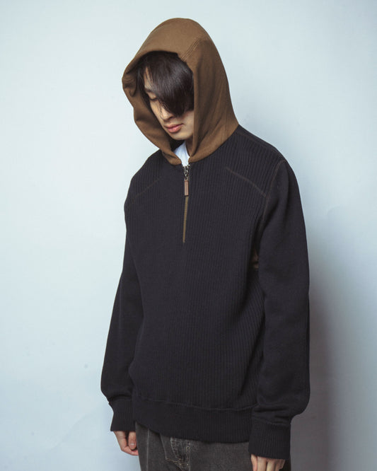 vintage attach rib knit hoodie