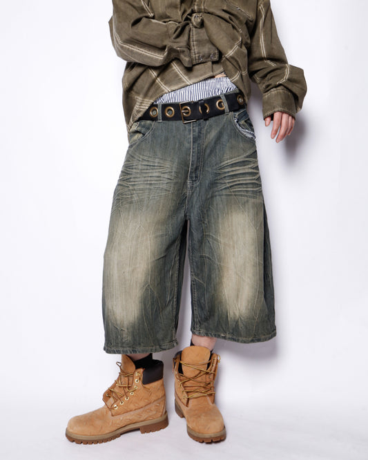 vintage faded wide denim shorts