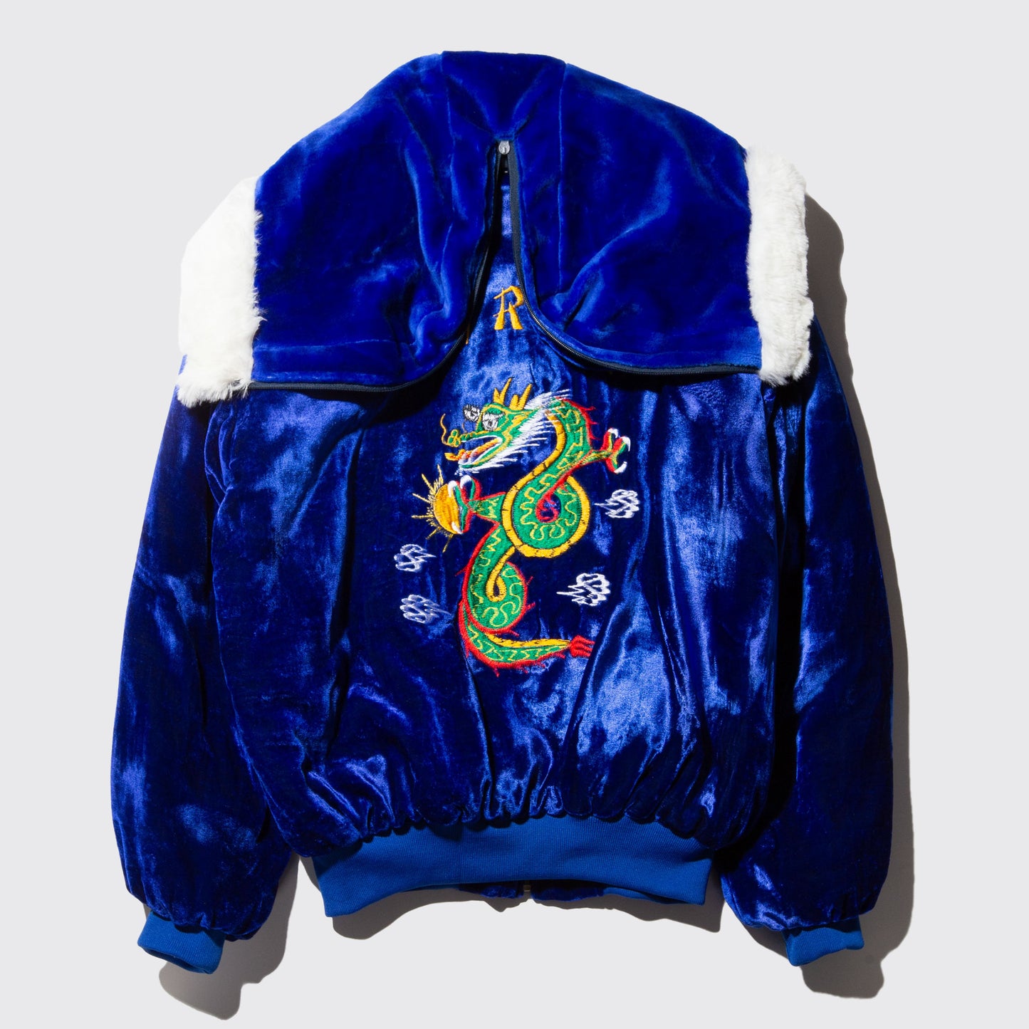 vintage 80's blue velvet korean bomber jacket with hoodie