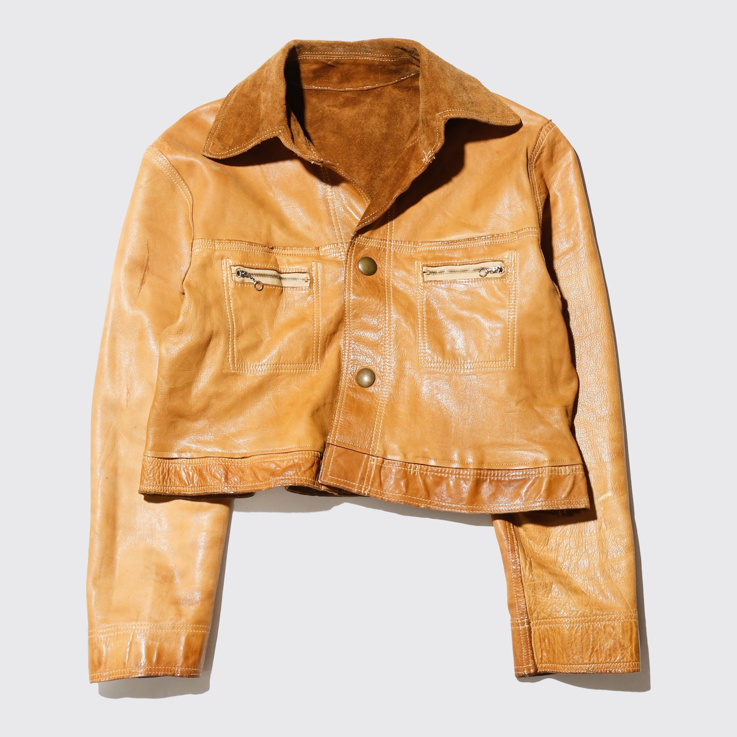 vintage 70's cropped caramel leather trucker jacket , *reversible