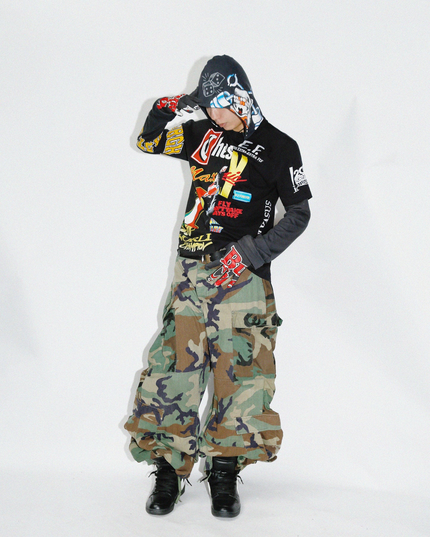 *one-off hybrid hooded cut sew, with detachable gloves hoodie