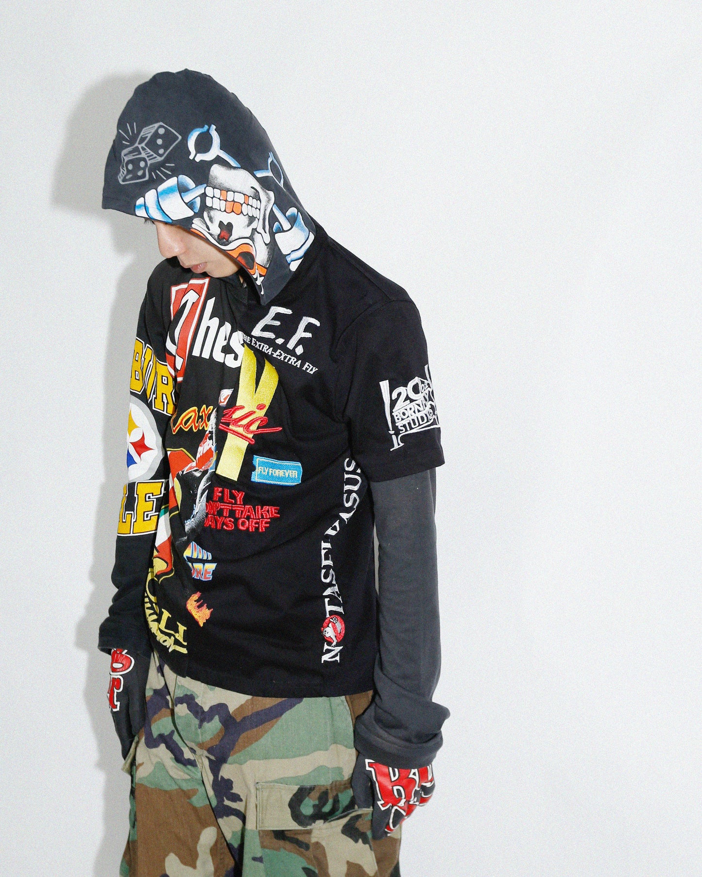*one-off hybrid hooded cut sew, with detachable gloves hoodie