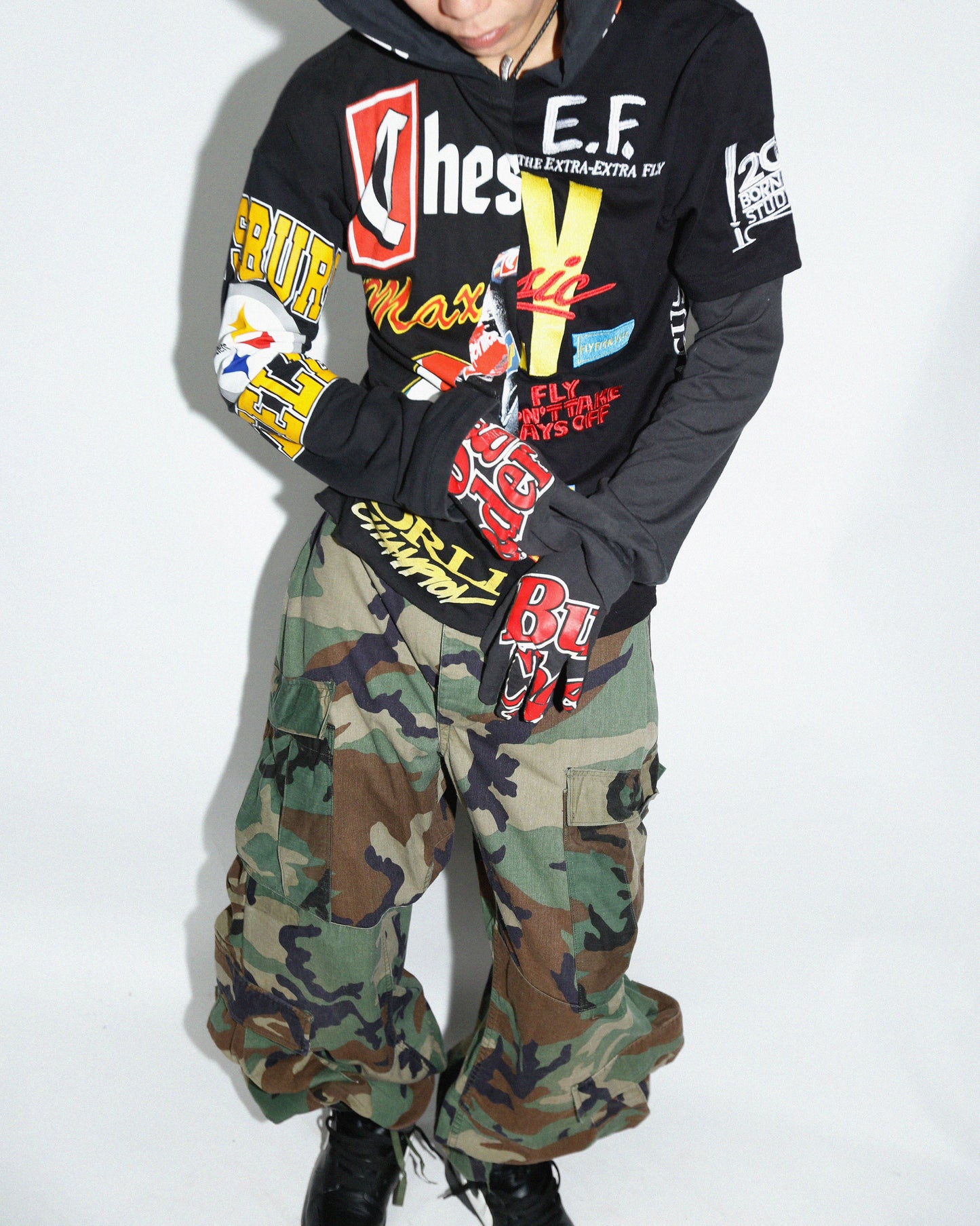 *one-off hybrid hooded cut sew, with detachable gloves hoodie