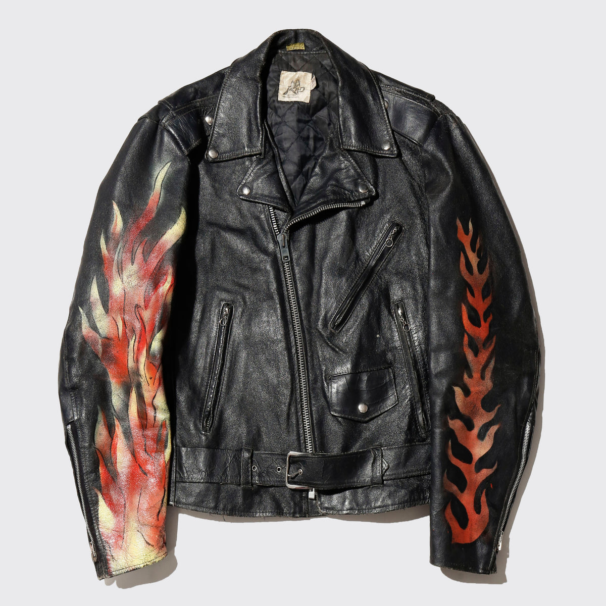 *one-off 80's asymmetry flame pattern riders leather jacket