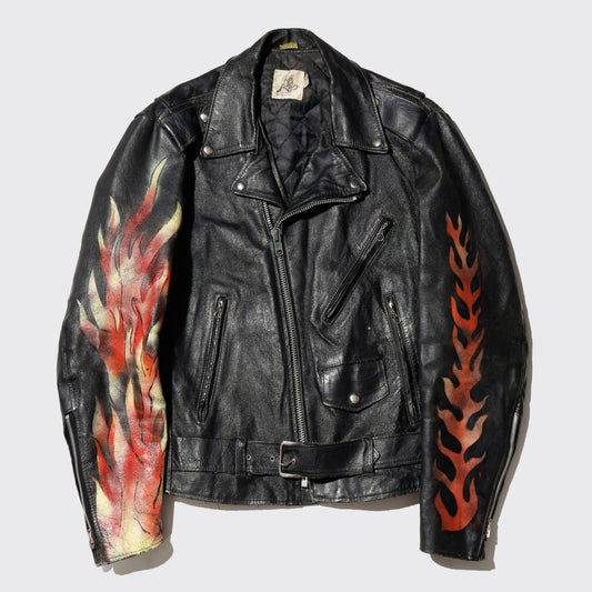 *one-off 80's asymmetry flame pattern riders leather jacket