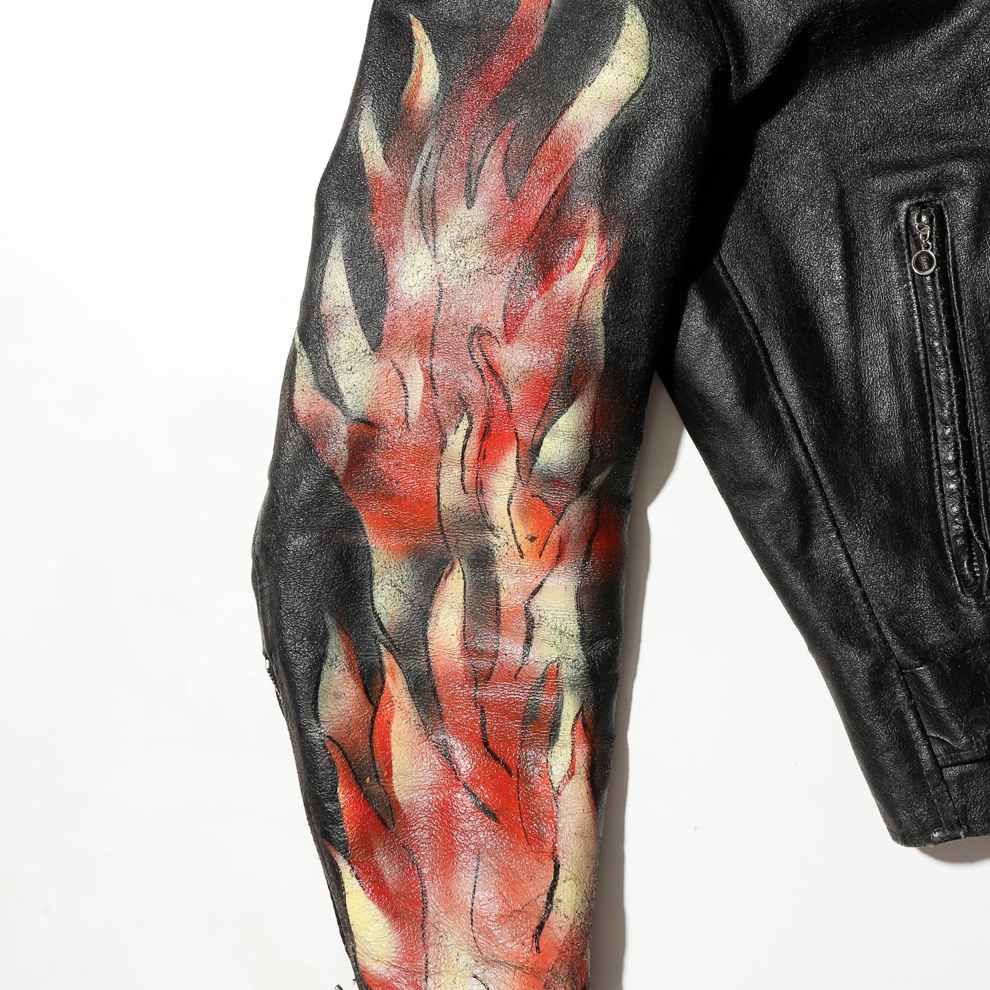 *one-off 80's asymmetry flame pattern riders leather jacket