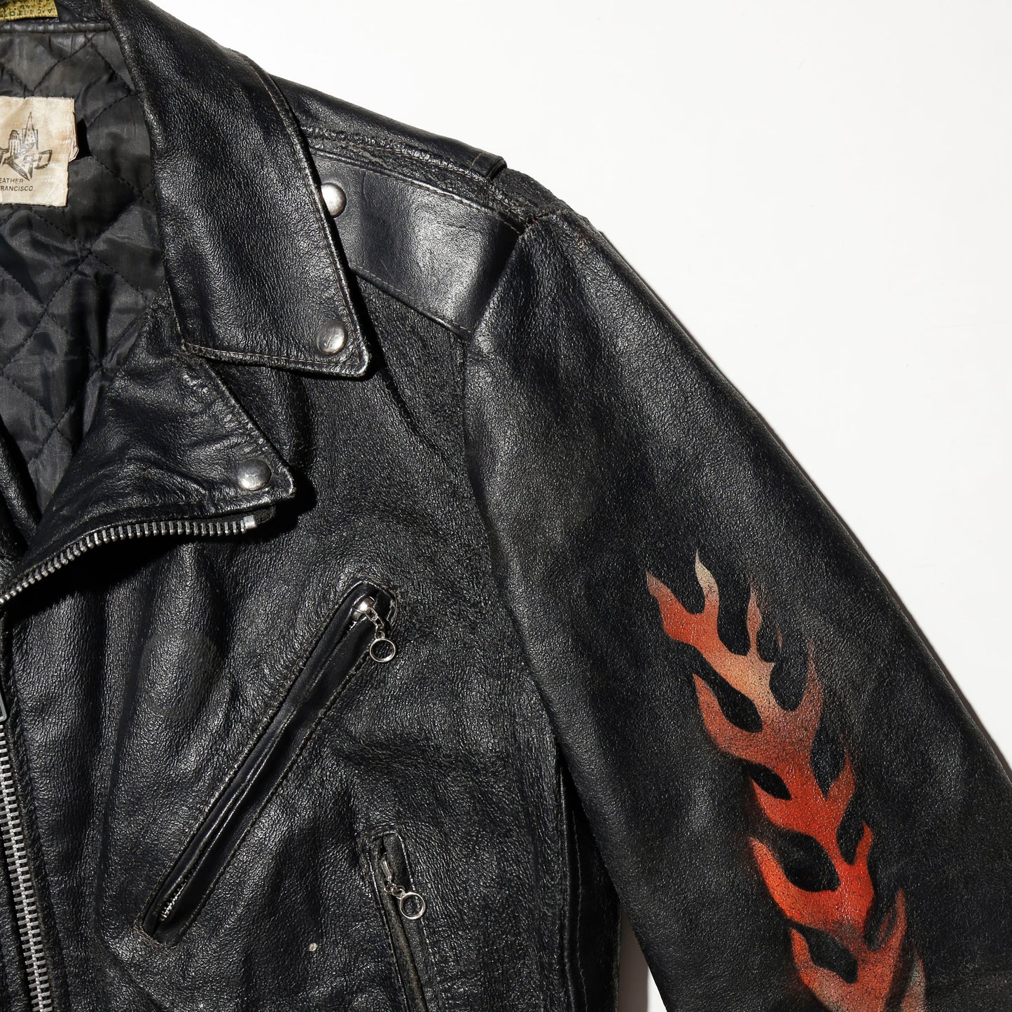*one-off 80's asymmetry flame pattern riders leather jacket