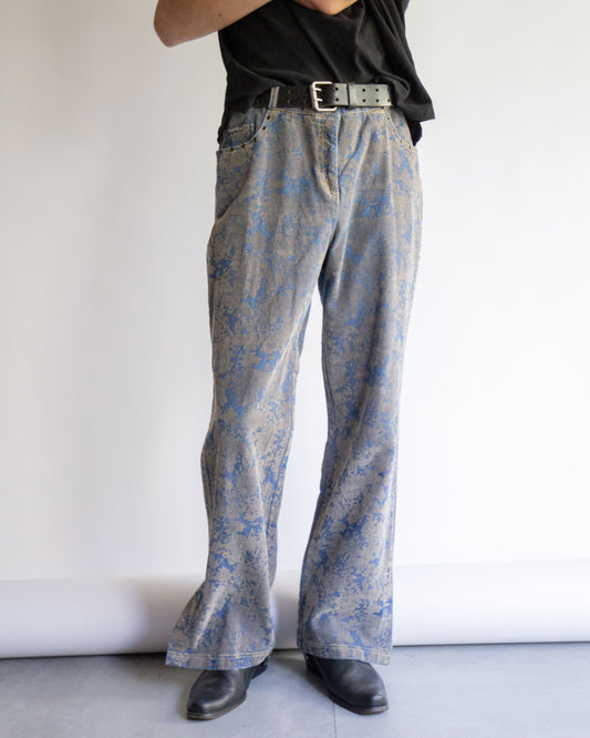 vintage flocked pattern slit flare jeans