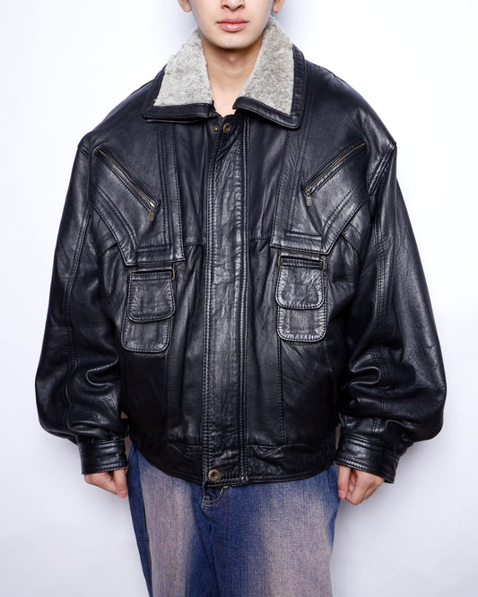 vintage strap boa aviator leather jacket , detachable collar/liner