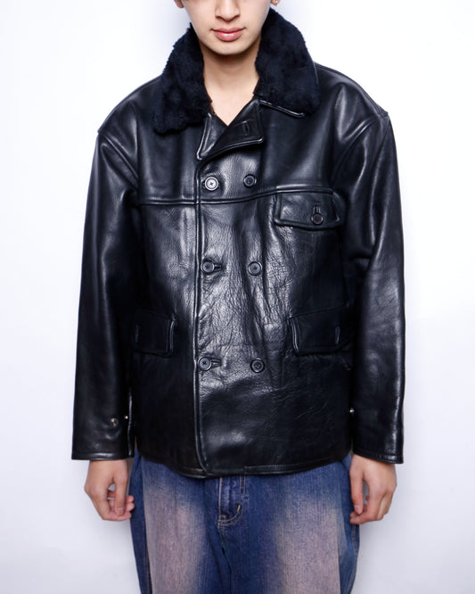 vintage 90's kudsak boa double breasted leather jacket , detachable collar