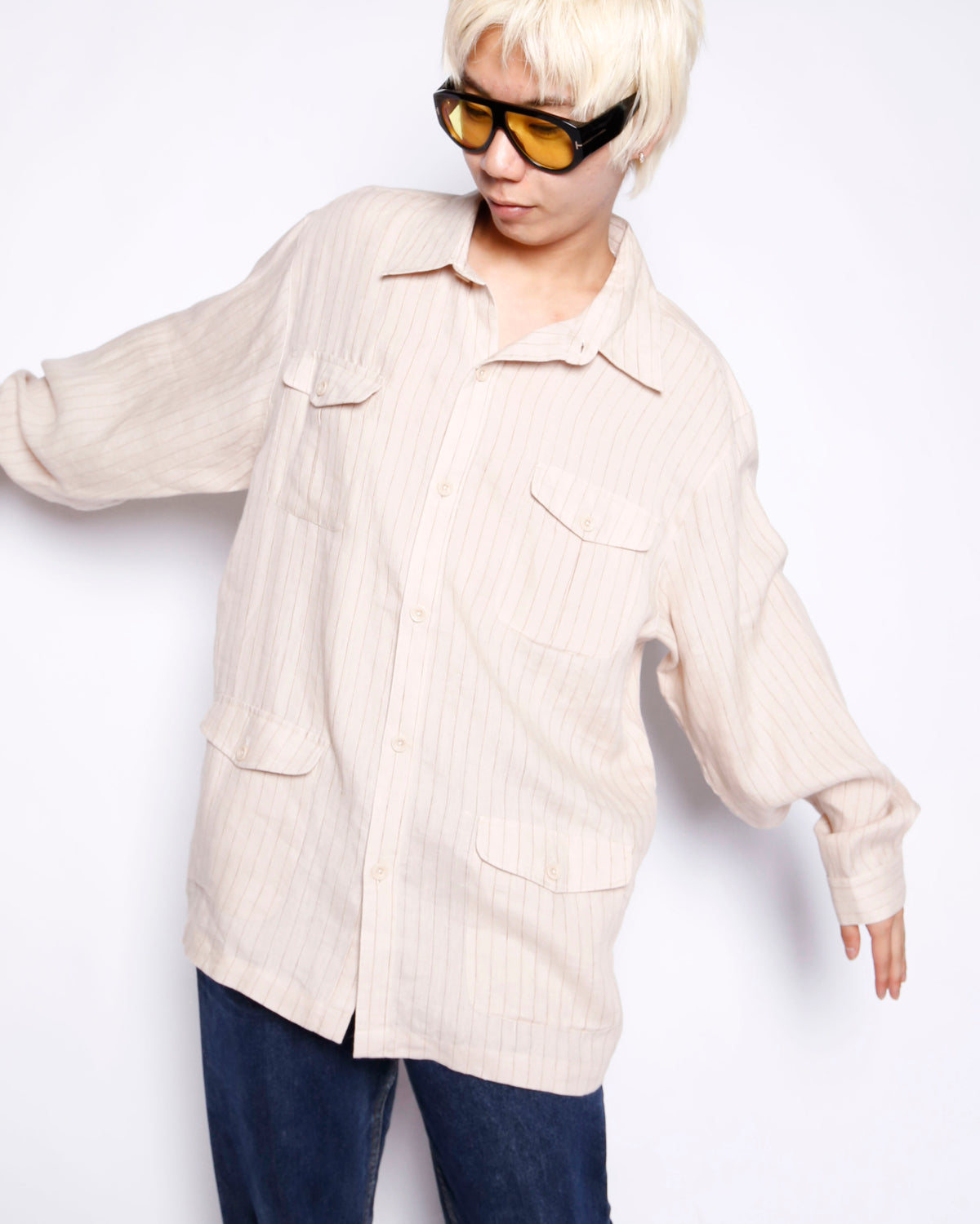 vintage stripe linen 4p shirt