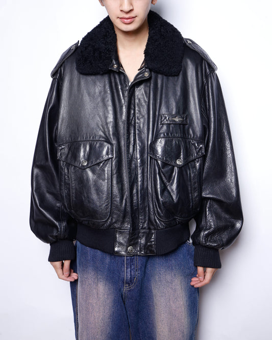 vintage boa collar aviator leather jacket, detachable collar/liner