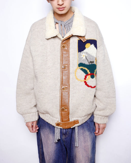 vintage euro mouton combi heritage knit jacket , broderie-grave and flower