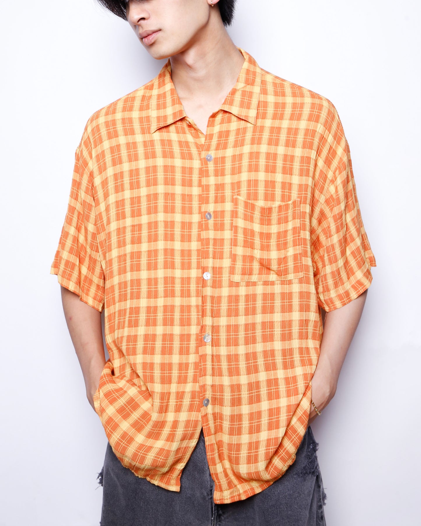 vintage 90's check rayon h/s shirt