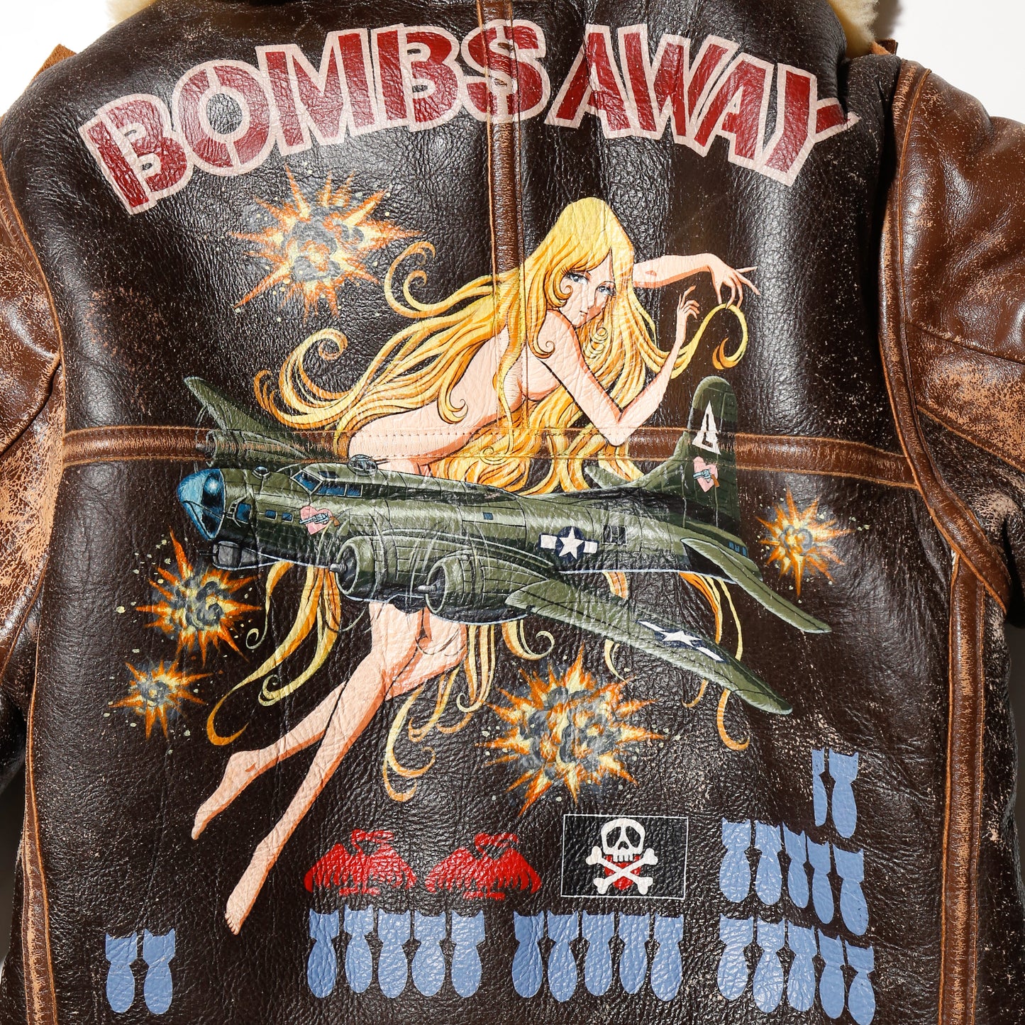 Vintage 1999's Leiji Matsumoto x Toy's McCoy's "war art collection" bombs away, body - The Real McCoy's Type B-3 shearling flight leather jacket