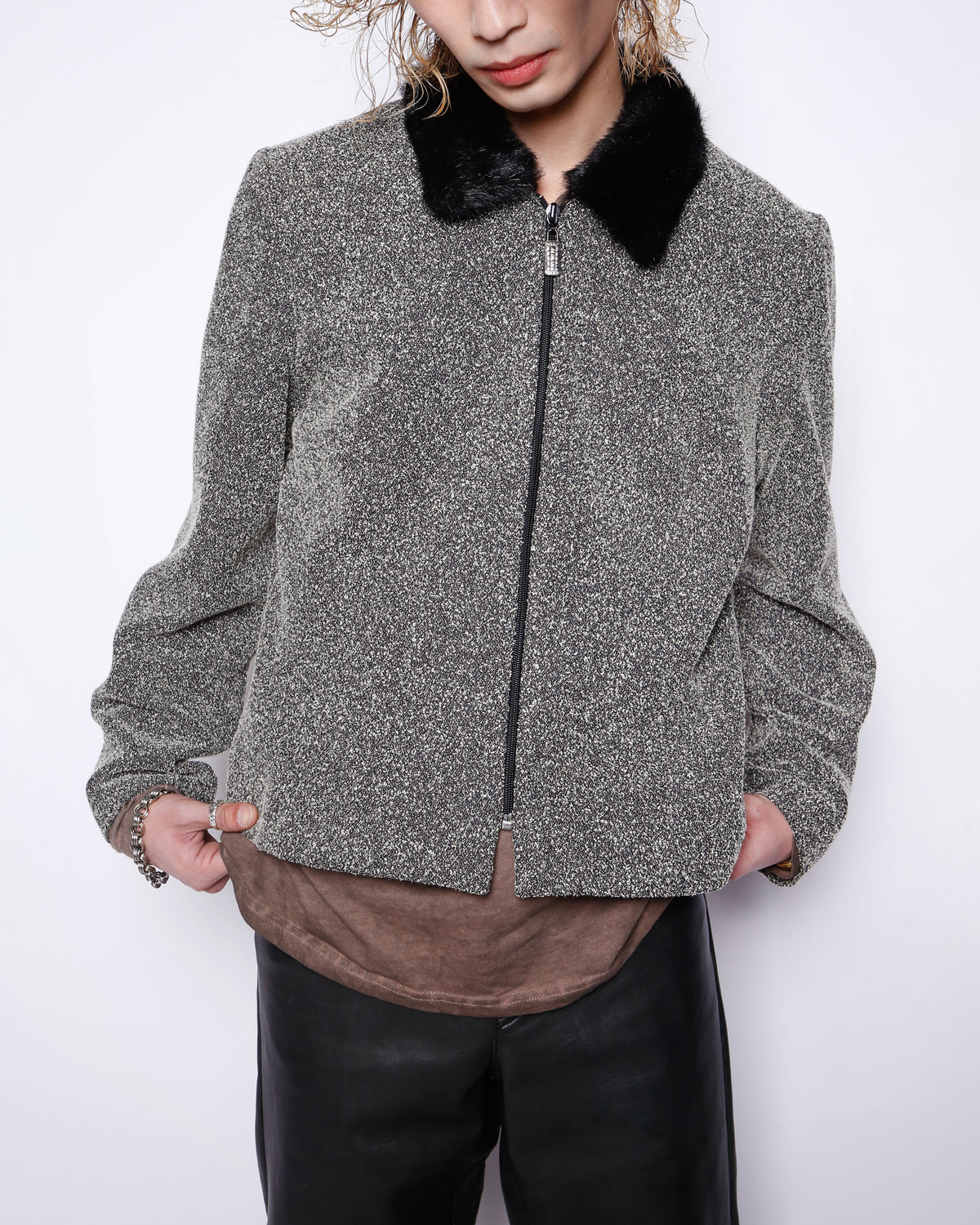 vintage faux fur collar frosting poly jacket