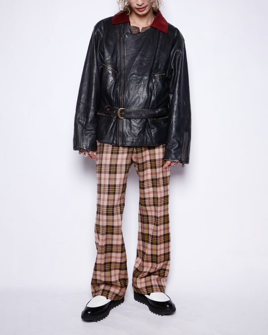 vintage corduroy collar belted riders leather jacket