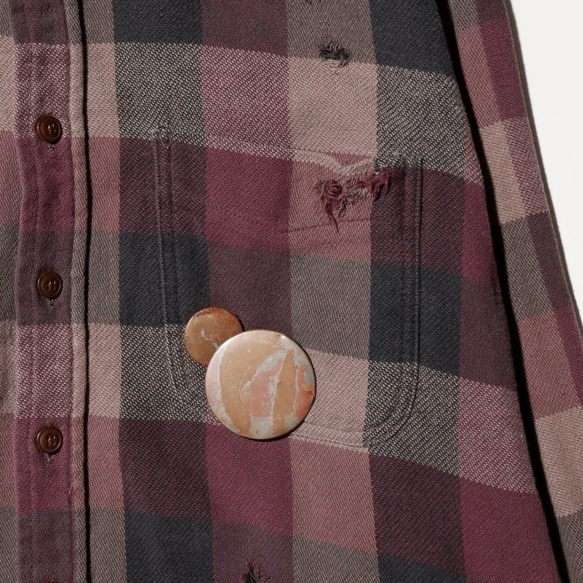 *one-off broken flannel check shirt, with copper badge