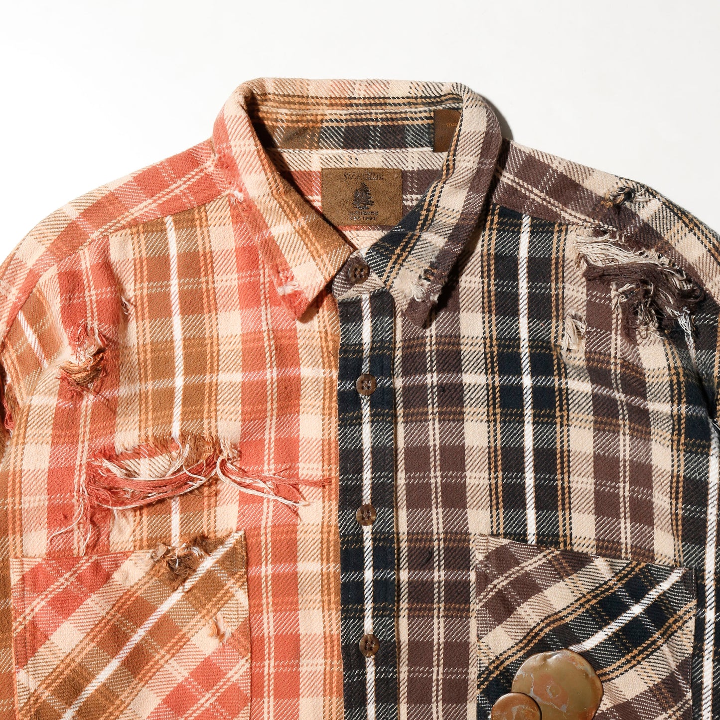 *one-off broken 2tone flannel check shirt, with copper badge